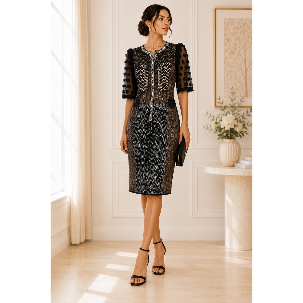 Beguile Byron Lars Art Deco Patchwork Lace Sheath Dress Size 8 Black Mixed Media